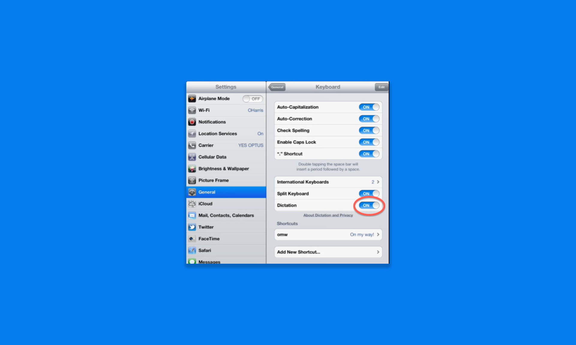 A screenshot of the keyboard settings menu on an Apple device. The "on" switch for the Dictation feature is circled in red.