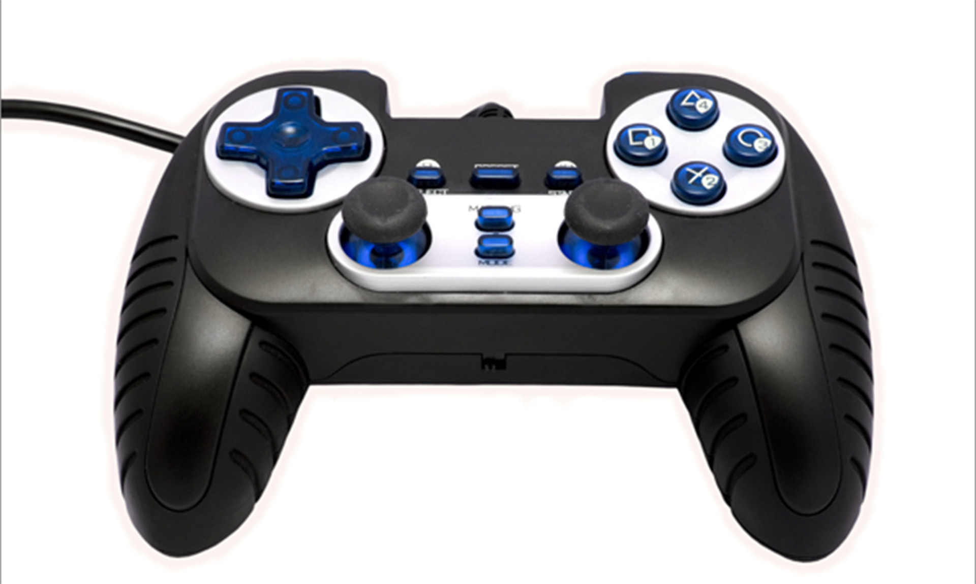 Photo of a video game controller. It is a black plastic gamepad, with blue directional pad and blue buttons.