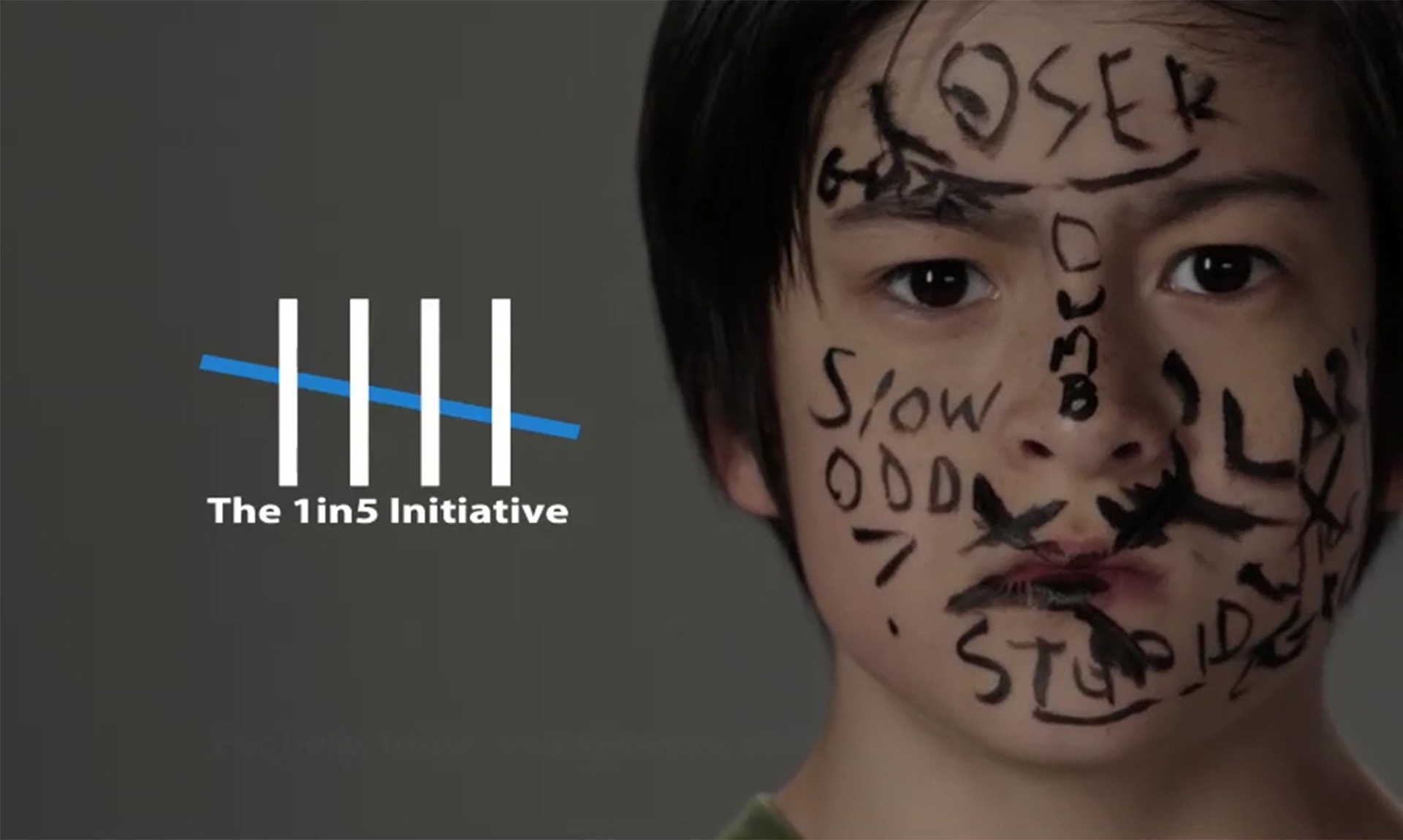 An image of a child with disparaging text written on their face -- the words "loser", "slow", and "odd" are visible. To the left, a hashmark with five marks and the text "The 1in5 Initiative".