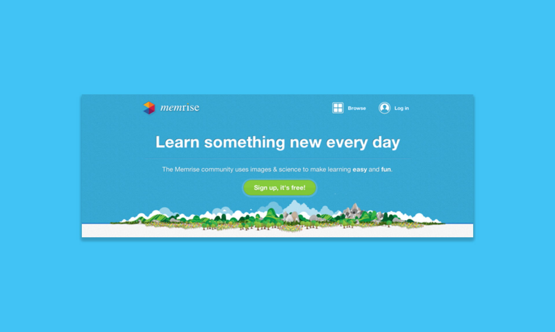 An image of the Memrise website. The tagline "Learn something new every day" in white sans-serif font over a sky-blue background.