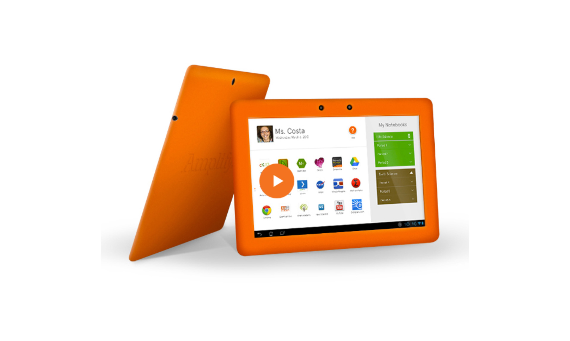 Product photo of the Amplify tablet, with an orange back and border, showing a class profile on the screen.