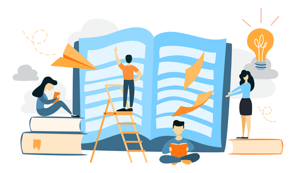 cartoon drawing of people with books and a light bulb representing ideas