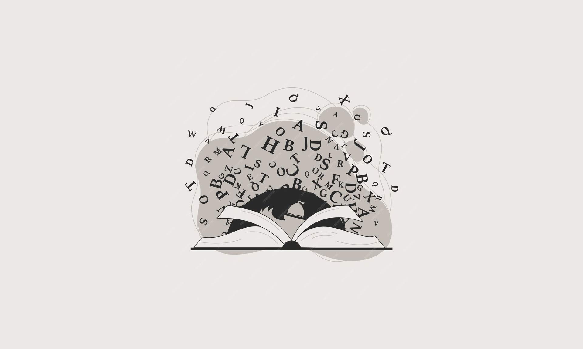 An illustration in black and white showing the bottom of an open book with the silhouette of a sailboat nestled between pages. Above that, a cloud of jumbled letters floats.