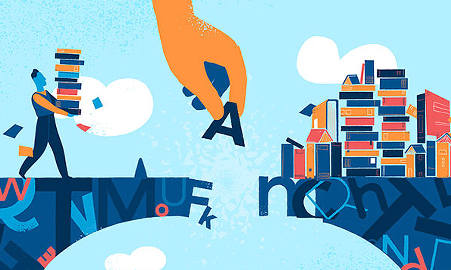 Illustration of a bridge being built of alphabet letters.