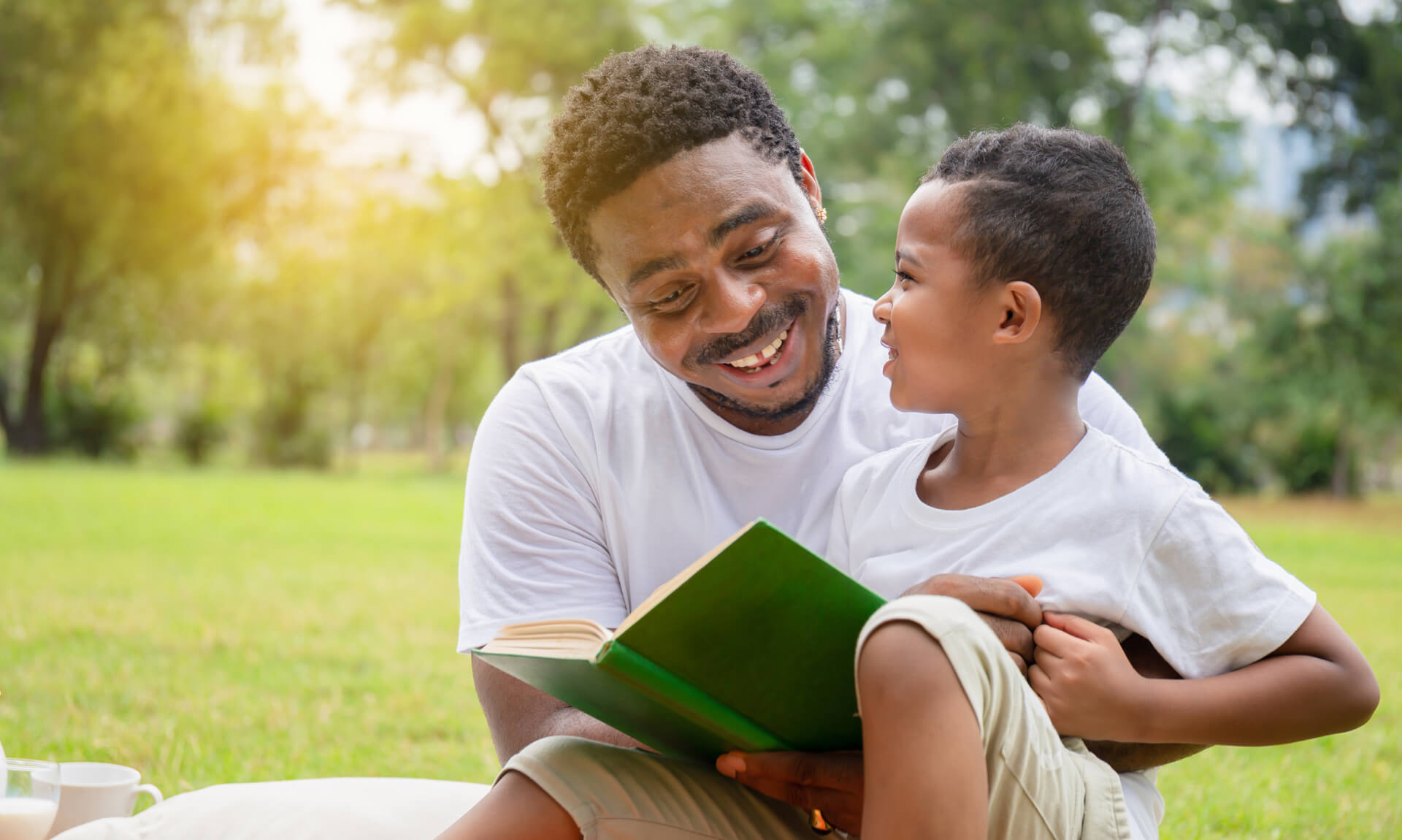 Father and son reading together in the park