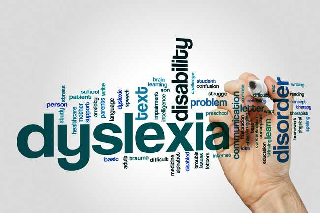 dyslexia word cloud with hand and marker
