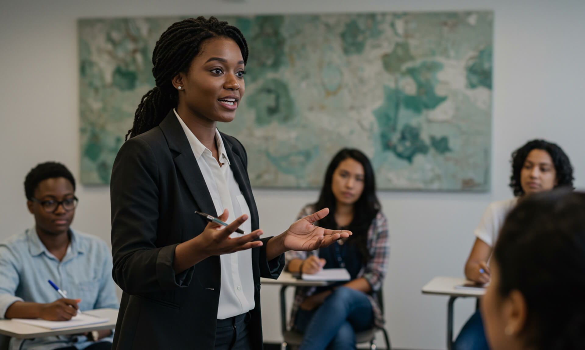 woman leading adult group in modern classroom.